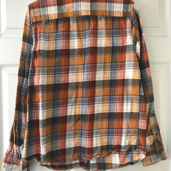 Merrell Small S Orange Blue Plaid Flannel Button-Up Shirt - Picture 2 of 4